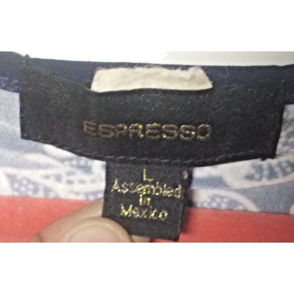 Espresso Dress shift flare textured Navy white floral short sleeve Sz L stretch - Picture 7 of 8